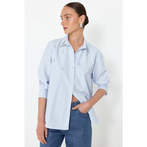 Trendyol Light Blue Regular Fit Woven Shirt with Stone Detail on the Front