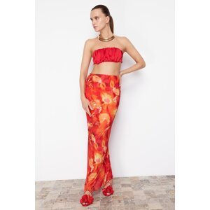 Trendyol Red-Multicolored Floral Patterned Lined Tulle Skirt