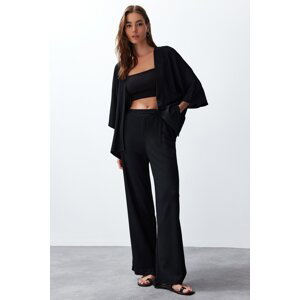 Trendyol Black Relaxed/Comfortable Cut Kimono Knitted Top and Bottom Set