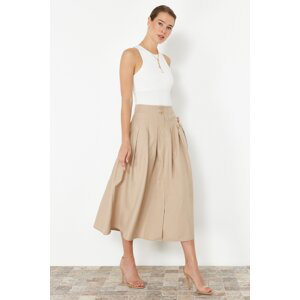 Trendyol Beige Pleated Detailed Front Buttoned Midi Length Woven Skirt