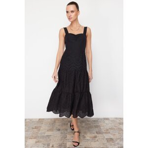 Trendyol Black Waist Opening Lined Midi Embroidery Woven Dress
