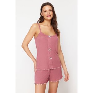 Trendyol Corded Knitted Pajama Set with Dusty Rose Ribbon Detail and Rope Strap