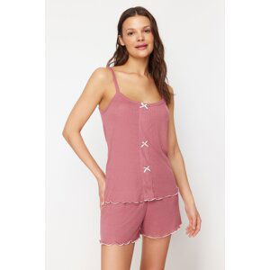 Trendyol Corded Knitted Pajama Set with Dusty Rose Ribbon/Bow Detail and Rope Strap