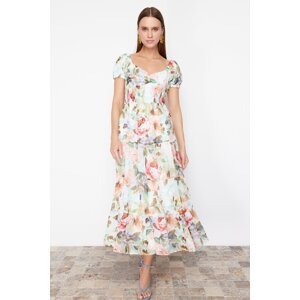 Trendyol Pink Floral Patterned A-Line Gipe Detailed Maxi Lined Chiffon Woven Dress