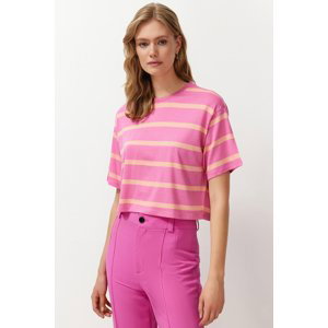 Trendyol Pink Striped Relaxed Crop Stretchy Knitted T-Shirt
