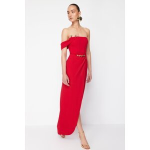 Trendyol X Zeynep Tosun Red Wrap Knitted Long Evening Dress & Graduation Dress with Accessory Detail