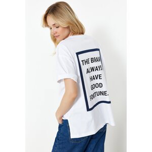 Trendyol White 100% Cotton Back Slogan Printed Oversize/Wide Fit Crew Neck Knitted T-Shirt