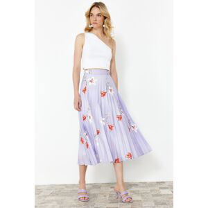 Trendyol Lilac Flower Patterned Pleated Satin Fabric Maxi Length Woven Skirt