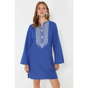 Trendyol Blue Mini Woven Embroidered 100% Cotton Beach Dress
