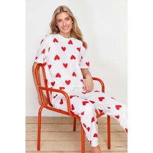 Trendyol White 100% Cotton Heart Knitted Pajamas Set