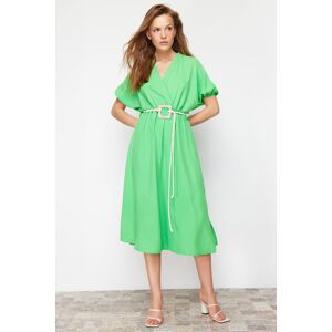 Trendyol Green Straight A-line Double Breasted Collar Balloon Sleeve Belt Detailed Lily Maxi Woven Dress