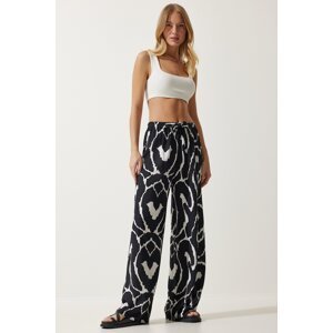 Happiness İstanbul Women's Vivid Black and White Patterned Flowy Viscose Palazzo Trousers
