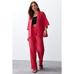 Trendyol Pink Relaxed/Comfortable Cut Kimono Knitted Top and Bottom Set
