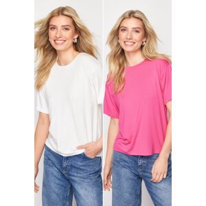 Trendyol White-Pink 2 Pack Viscose Short Sleeve Crew Neck Knitted T-Shirt