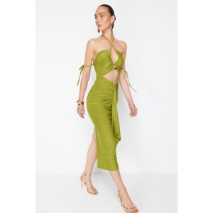 Trendyol X Zeynep Tosun Oil Green Elegant Evening Dress with Knitted Window and Accessory Detail