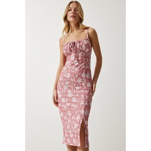 Happiness İstanbul Women's Dried Rose Floral Slit Summer Knitted Dress