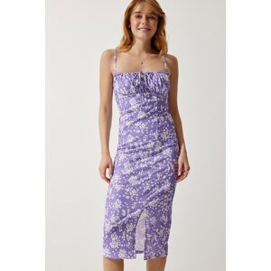 Happiness İstanbul Women's Lilac Floral Slit Summer Knitted Dress