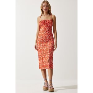 Happiness İstanbul Women's Orange White Floral Slit Knitted Summer Dress