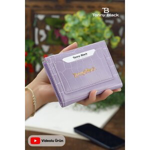 Tonny Black Original Women's Card Holder Coin & Coin Compartment Alligator Croco Model Mini Wallet with Card Holder Lilac Purple