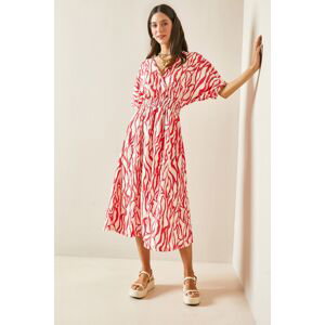 XHAN Pink Double Breasted Neck Zebra Pattern Textured Midi Dress