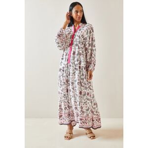 XHAN Pink Floral Pattern Balloon Sleeve & Buttoned Maxi Dress