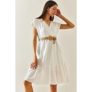 XHAN White Double Breasted Neck Scalloped Belted Dress