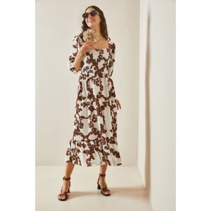 XHAN Brown Patterned Gype Detailed Knitted Dress with Frilly Hem