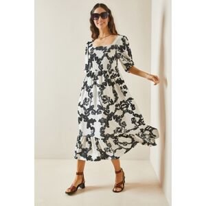 XHAN Black Patterned Gype Detailed Knitted Dress with Frilly Hem