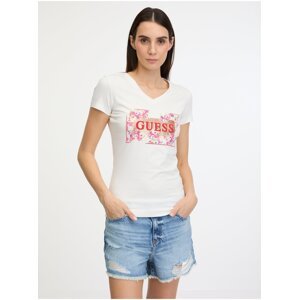 Krémové dámské tričko Guess Logo Flowers - Dámské