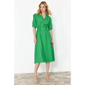 Trendyol Green A-line Shirt Collar Guiped Midi Woven Dress