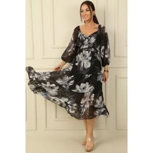 By Saygı Madonna Collar Lined Cross Tied Floral Double Breasted Chiffon Dress