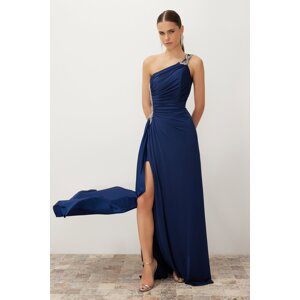 Trendyol Navy Blue Single Sleeve Stone Accessory Woven Long Elegant Evening Dress