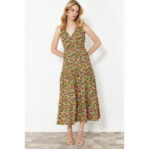 Trendyol Green Floral Red Patterned V-Neck Sleeveless A-Line Knitted Dress