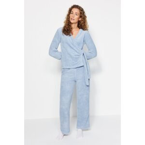 Trendyol Light Blue Double-Breasted Collar Wellsoft Shirt-Pants and Knitted Pajamas Set