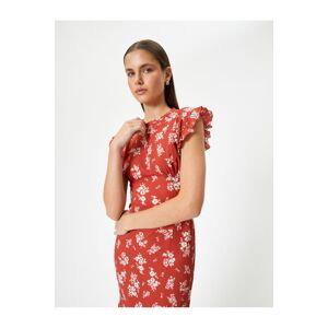 Koton Floral Midi Dress, Fitted at the Waist, Round Ruffle, Watermelon Sleeve