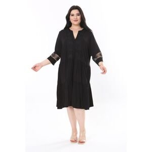 Şans Women's Large Size Black Collar and Sleeve Lace Detailed Layered Dress
