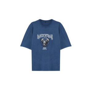 Trendyol Indigo Oversize/Wide Cut Aged/Faded Effect Rock Print 100% Cotton T-Shirt