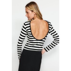 Trendyol Black Striped Soft Fabric Striped Open Back Fitted/Slitter Knitted Blouse
