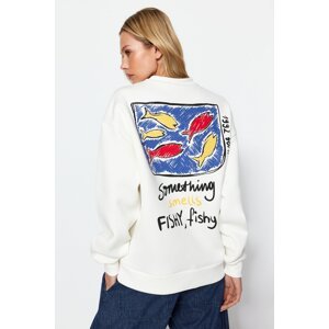 Trendyol Ecru Printed Oversized Crew Neck Knitted Sweatshirt