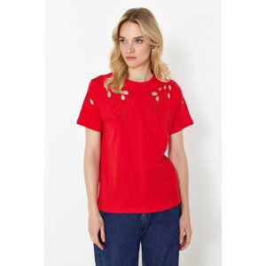 Trendyol Red Brode Embroidered Basic/Regular Pattern Knitted T-Shirt