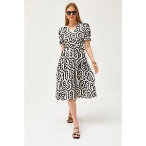 Olalook Women's Black Belted Double Breasted Patterned Dress