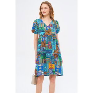 armonika Women's Turquoise V-Neck Short Sleeve Print Ruffle Dress
