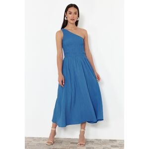Trendyol Saks One-Shoulder Midi Woven Dress with Waist and Gimped Top