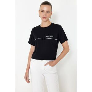 Trendyol Black More Sustainable 100% Cotton Relaxed/Crop Piping and Printed Knitted T-Shirt