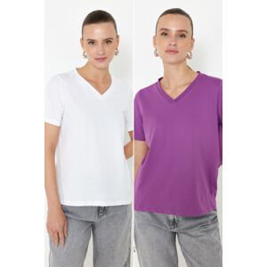 Trendyol Purple-White 100% Cotton 2-Pack Basic V-Neck Knitted T-Shirt