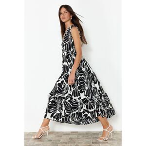 Trendyol Black Printed Double Breasted Closure Skirt Frill Stretchy Midi Knitted Dress