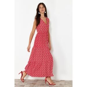 Trendyol Red Printed Double-Breasted Stretchy Maxi Knitted Dress with Ruffle Skirt