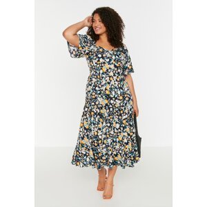 Trendyol Curve Navy Blue Floral Pattern Woven Frilly Detailed Dress