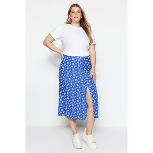 Trendyol Curve Blue Floral Pattern Woven Viscose Skirt with a Slit