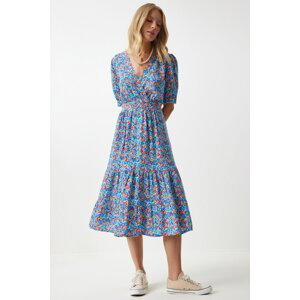 Happiness İstanbul Women's Pink Blue Wrap Collar Floral Summer Viscose Dress